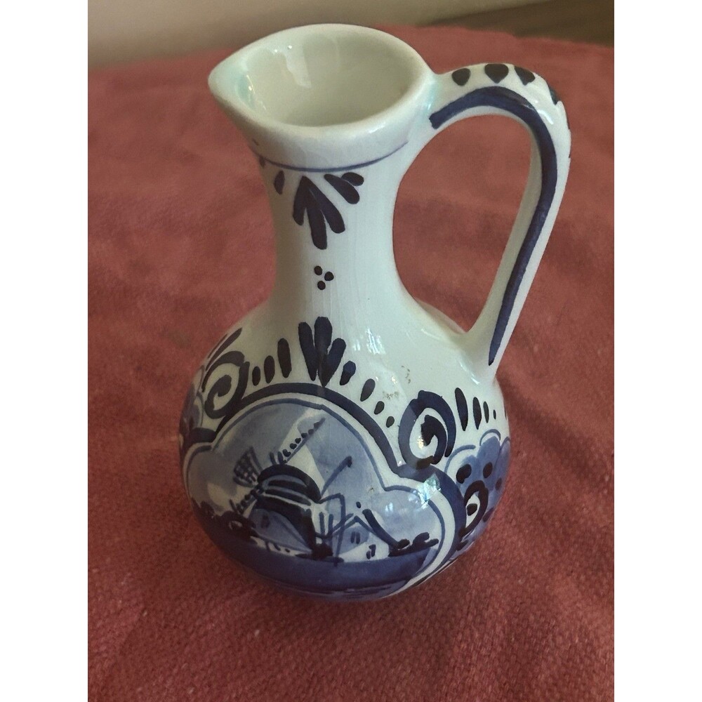 Vtg.  Delft Pottery Holland Windmill Handle Creamer Vase Pitcher Blue Floral 5”